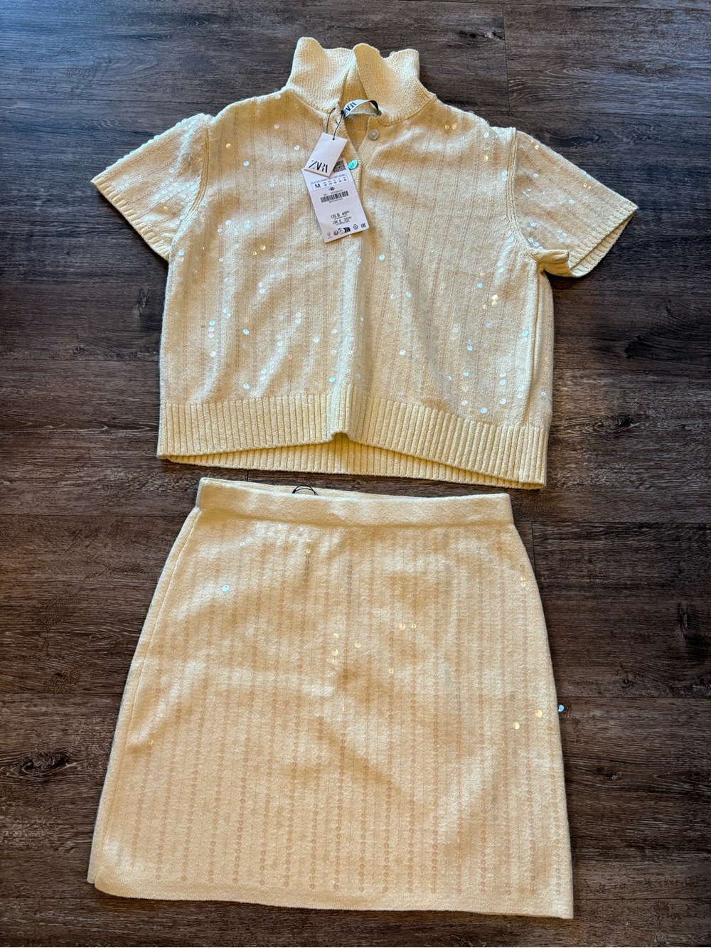 Zara Pale Yellow Sequin Knit Two-Piece Set top is  medium skirt is small